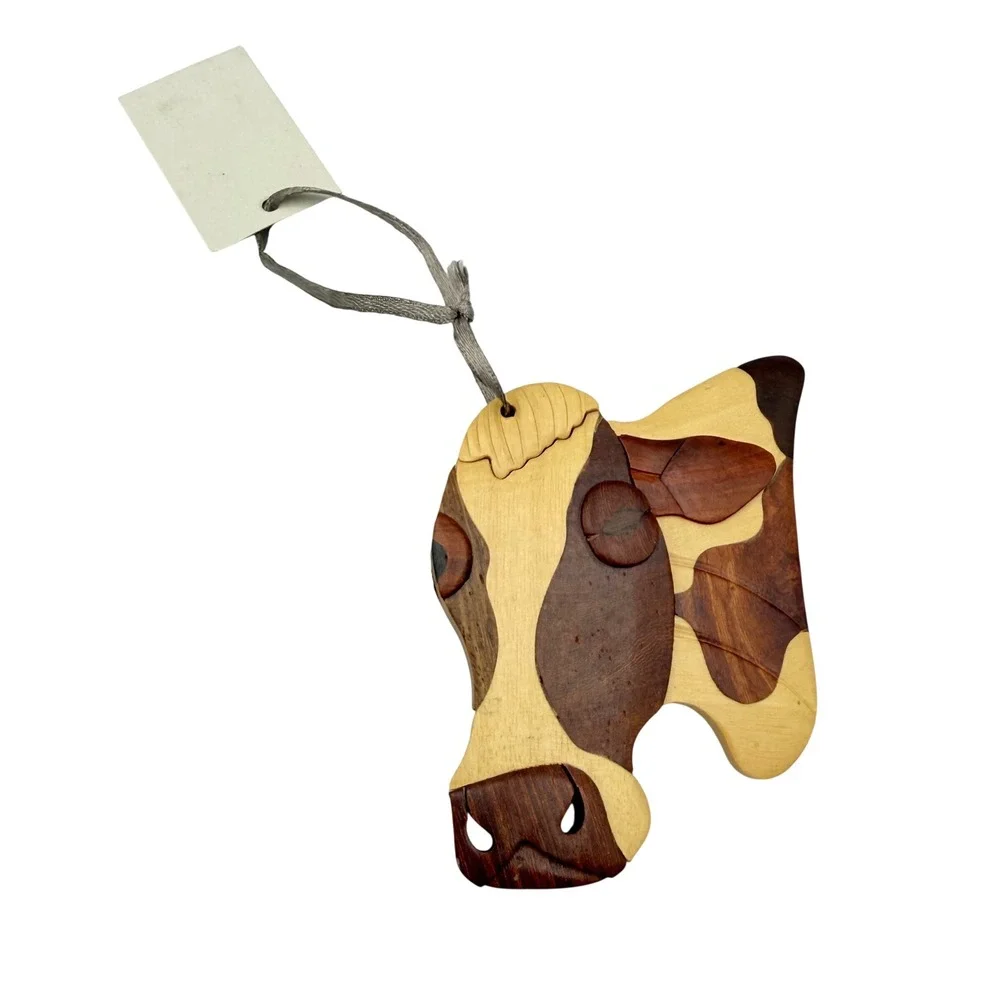 Cow Head Ornament Small Brown Tan Intarsia Wood Farmhouse Decor Double Sided